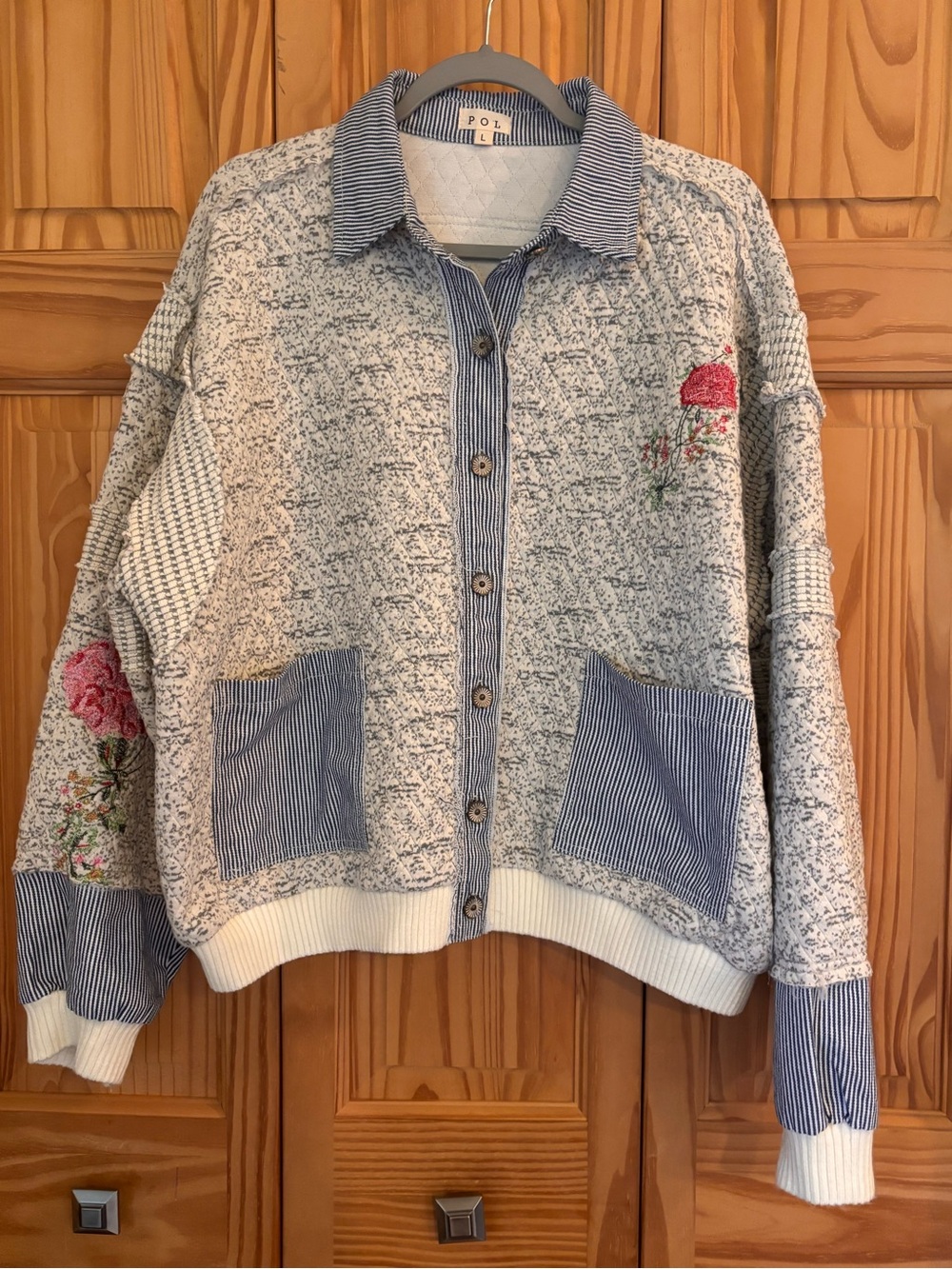 POL Light Blue Embroidered Button-Front Jacket